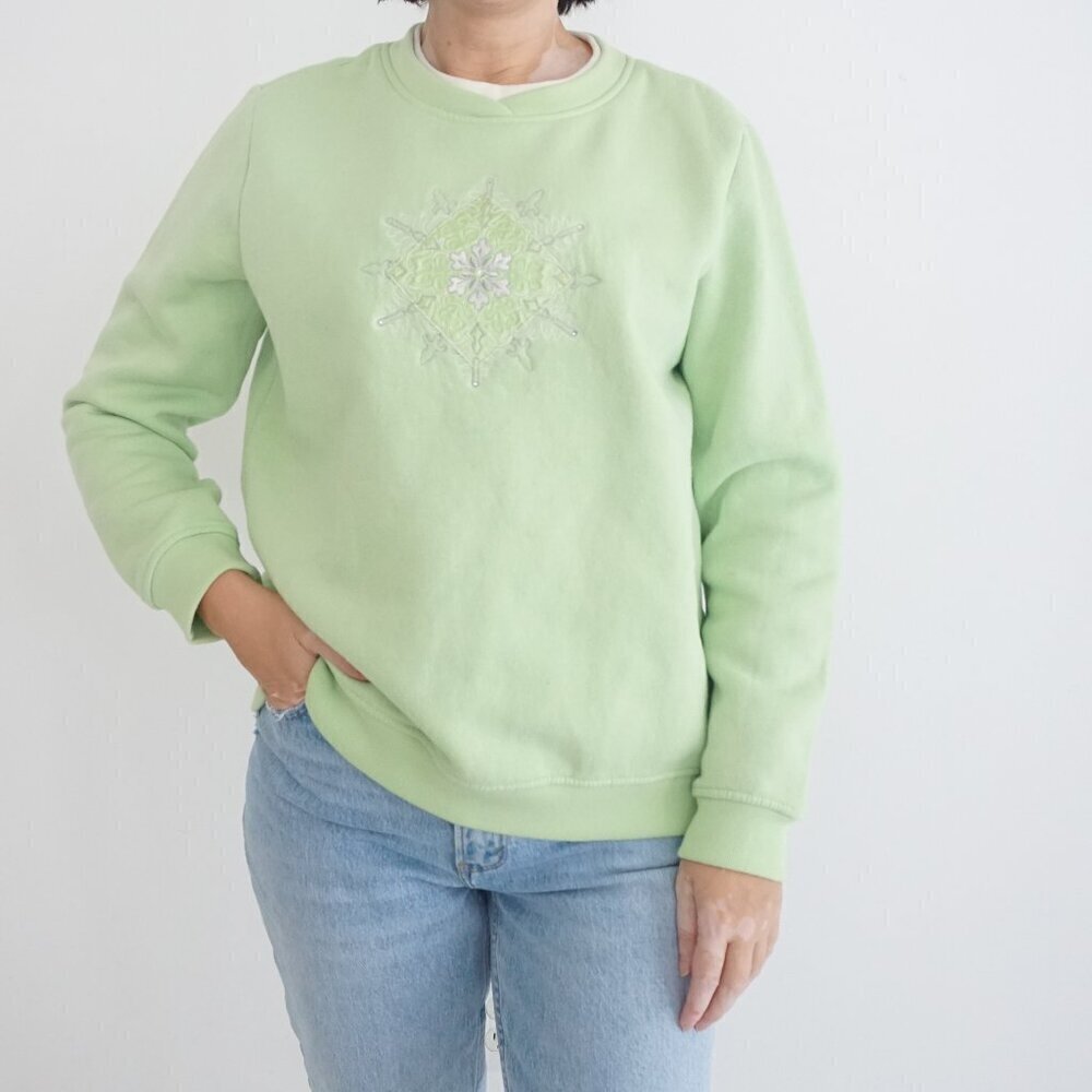 Vintage SW Studios Works Sport Lime Green Embroidered Star Festive Sweater M